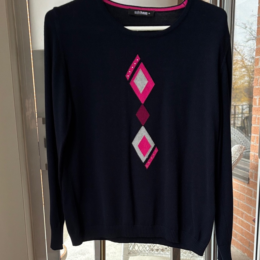 GOLLEHAUG Collection long sleeve NAVY sweater w Fuschia/Grey design Size 10